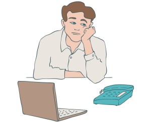 Bored man vector illustration of young male character sitting at table and leaning his head on his arm.